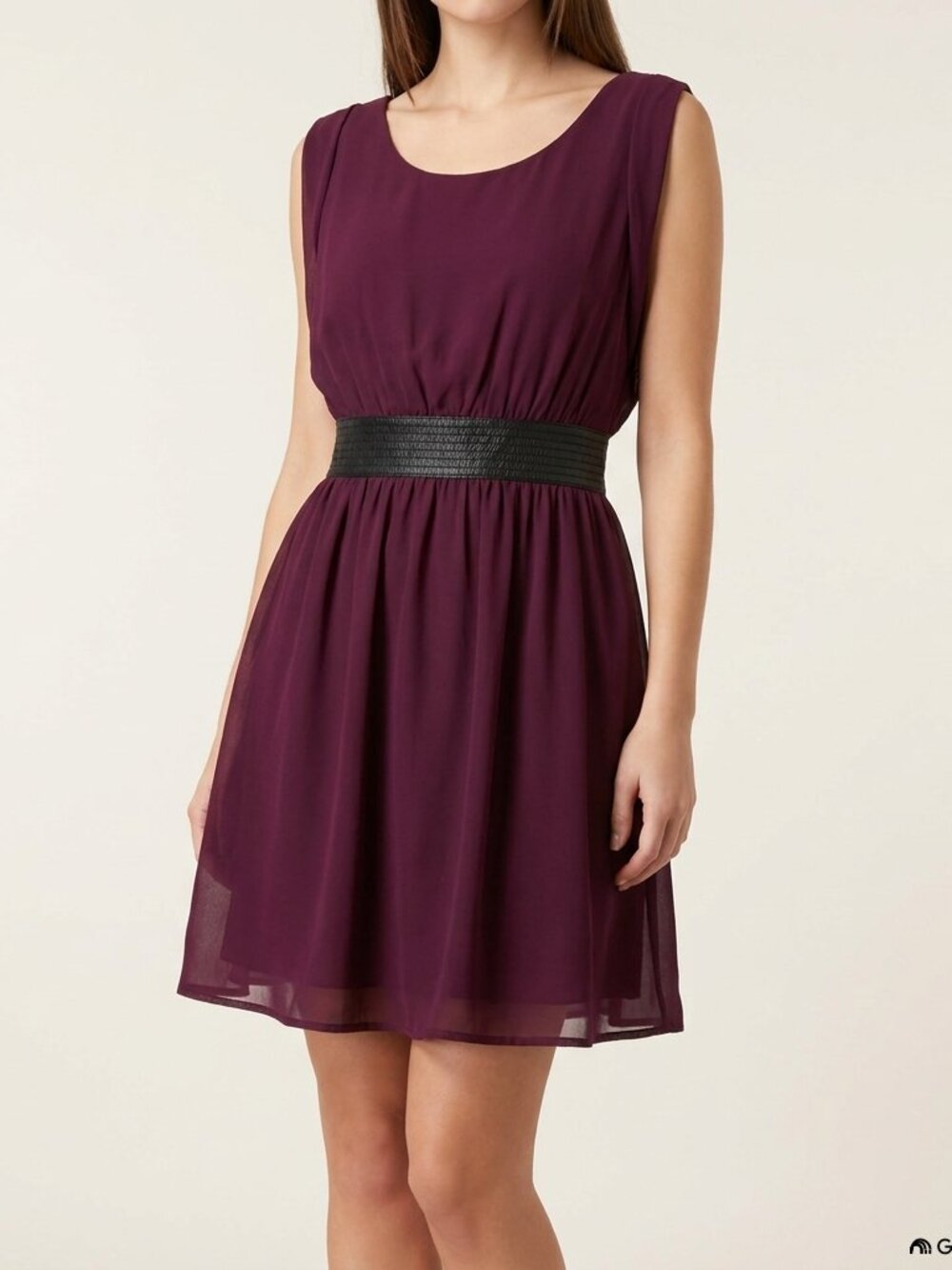 Double Zero Plum Burgundy Chiffon Mini Dress Black Waistband Sash - Size S